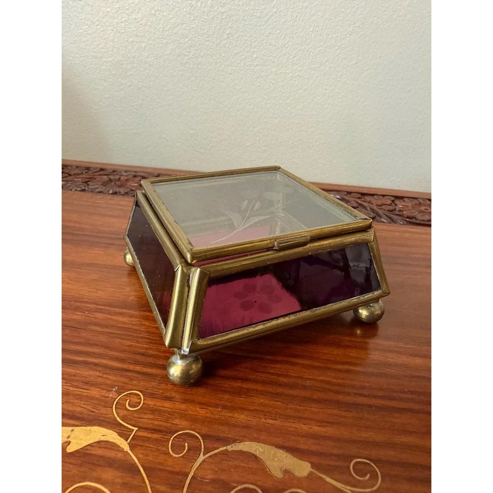 Vintage Brass &‎ Purple Glass Jewelry Box 3